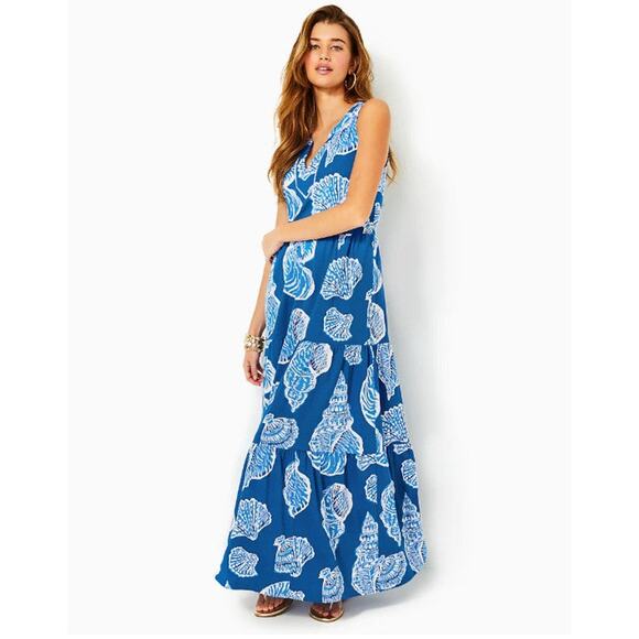 Lilly Pulitzer Sydnee Maxi Dress - L Barton Blue Shell Of A Good Time Oversized - Picture 1 of 5